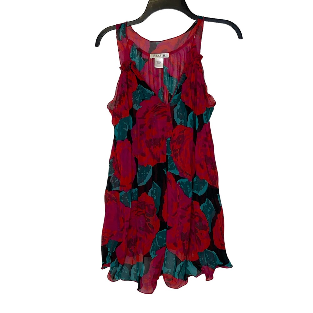 Arden B. Floral Sheer V-Neck Tank Top Sleeveless Swing Tunic Small Women Multi
